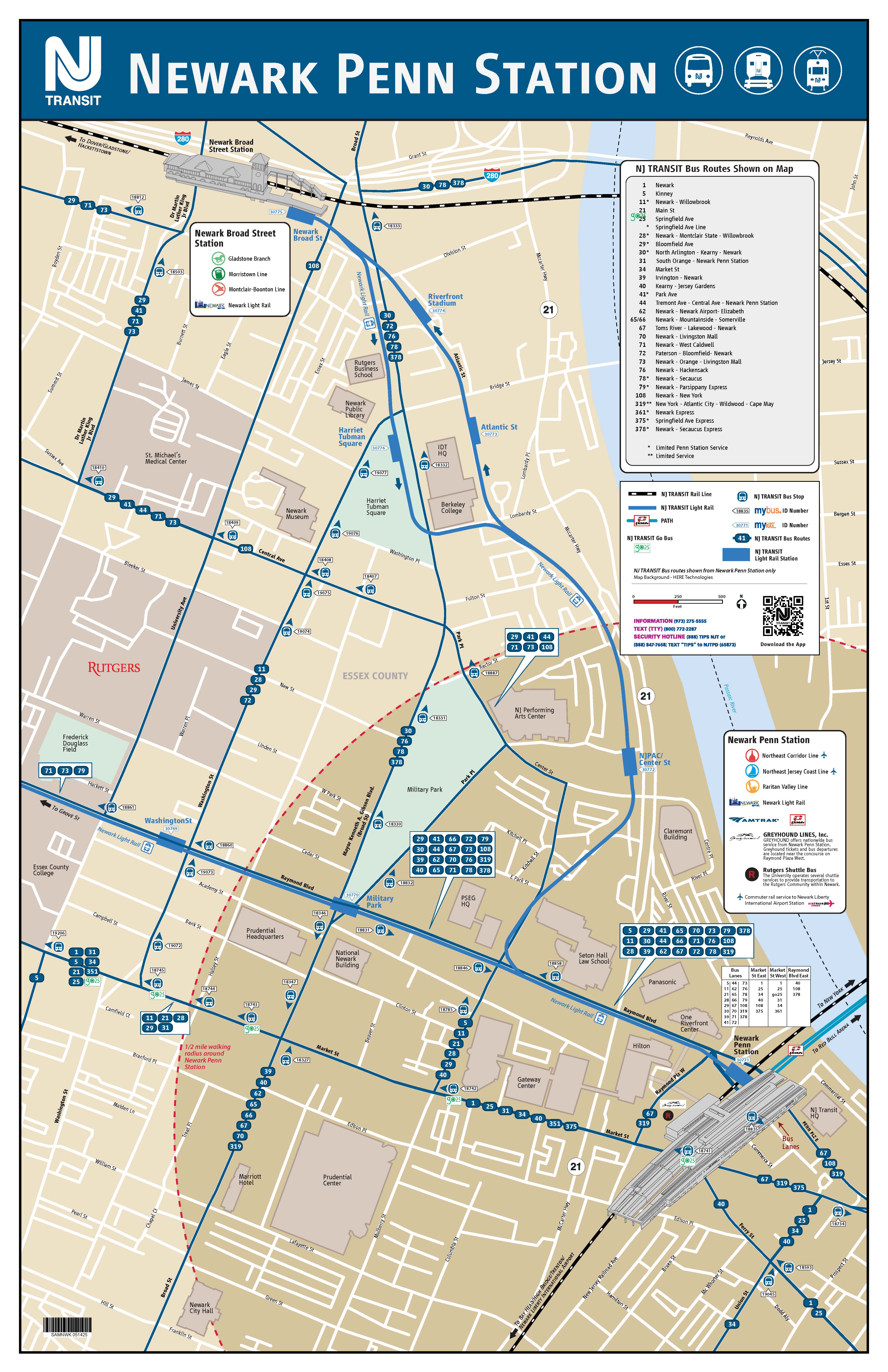 Map of bus routes around Newark Penn Station.