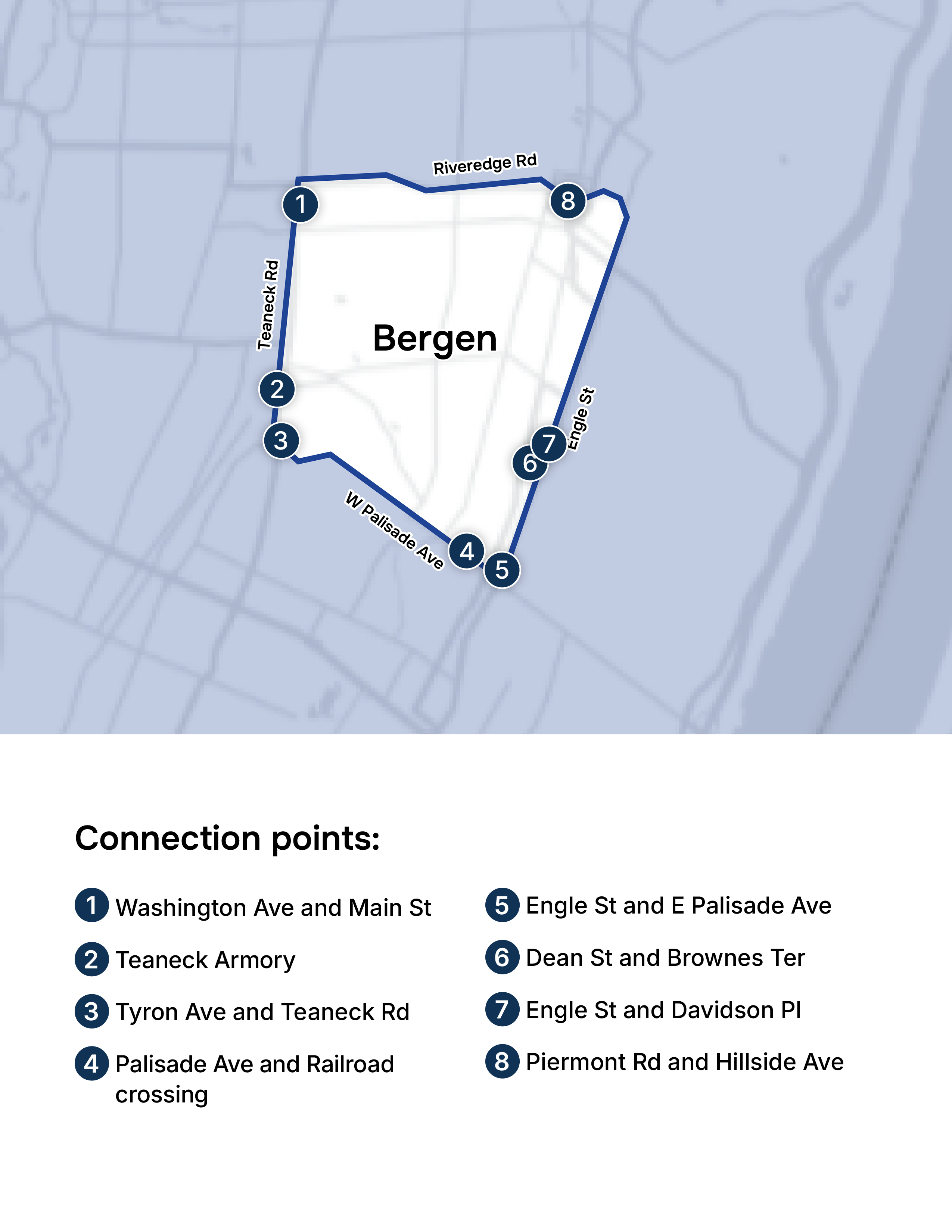 MicroLink connects to the following bus stops in Bergen County: Washington Ave and Main St; Teaneck Armory; Tyron Ave and Teaneck Rd; Palisade Ave and Railroad Crossing; Engle St and E Palisade Ave; Dean St and Brownes Ter; Engle St and Davidson Pl; Piermont Rd and Hillside Ave