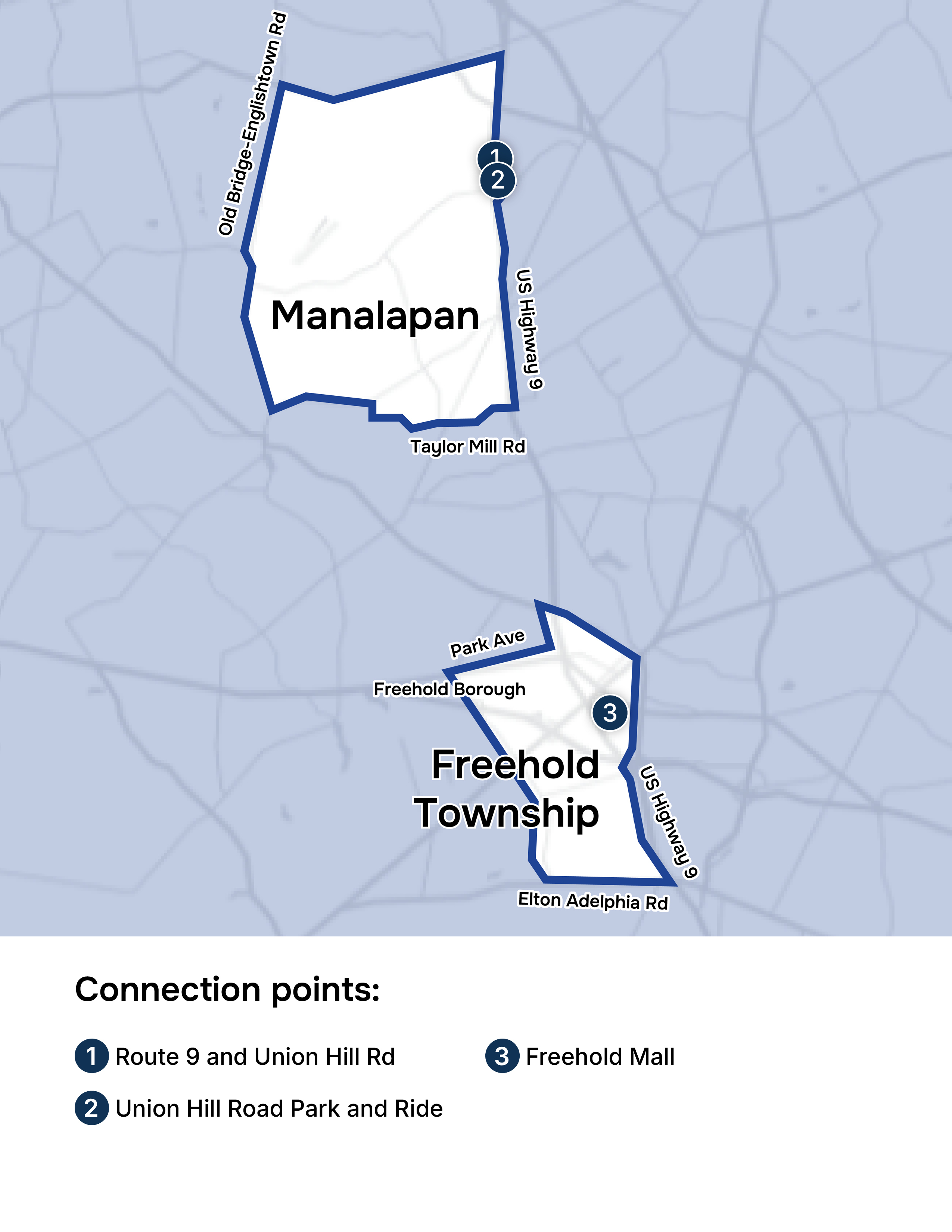 MicroLink connects to the following bus stops in Monmouth County: Route 9 and Union Hill Rd; Union Hill Road Park and Ride; Freehold Mall