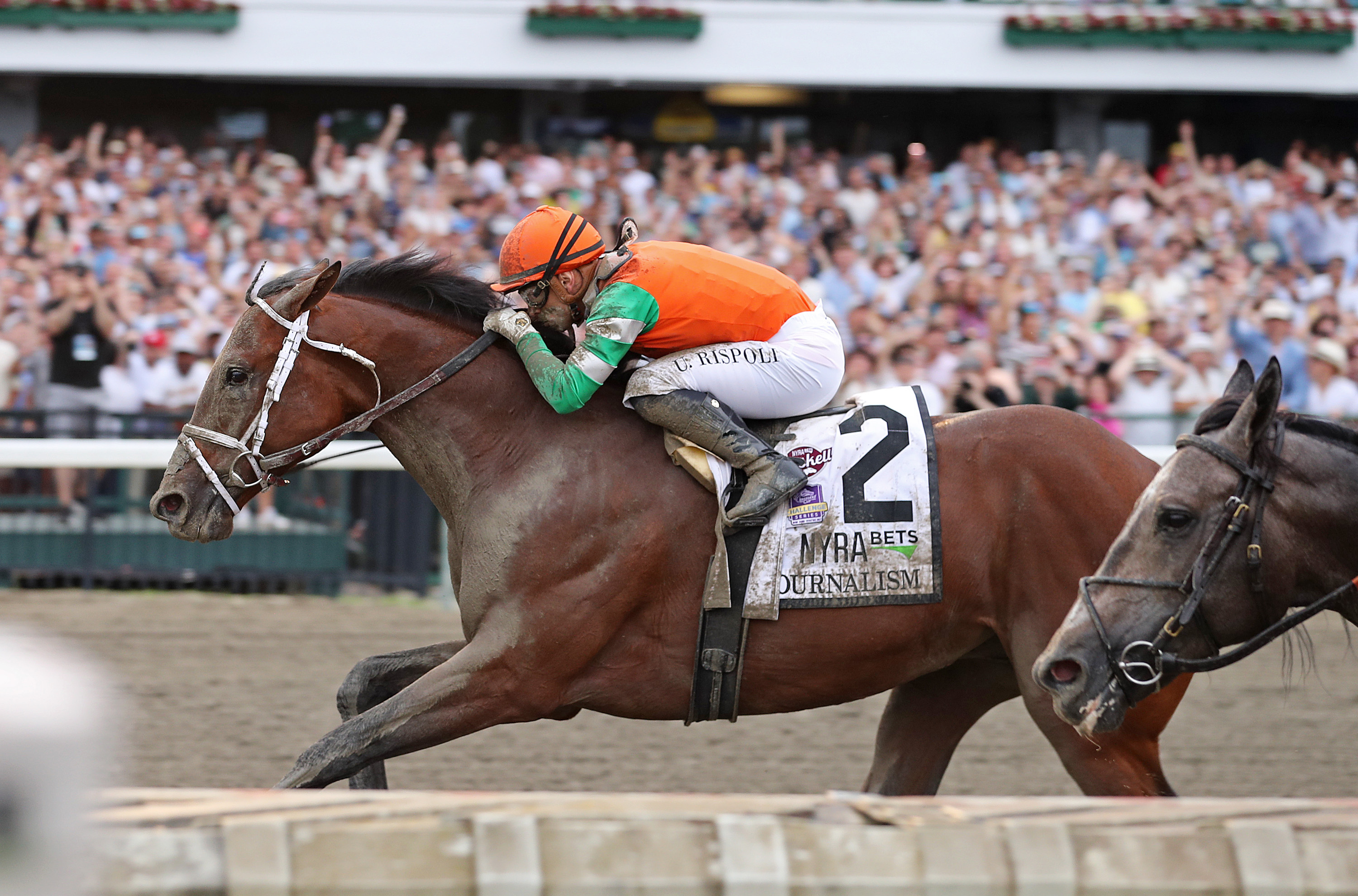 Photo of a jockey with his horse in a race.